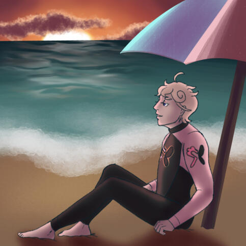 bede, at the beach. she is wearing a pink and black wetsuit.