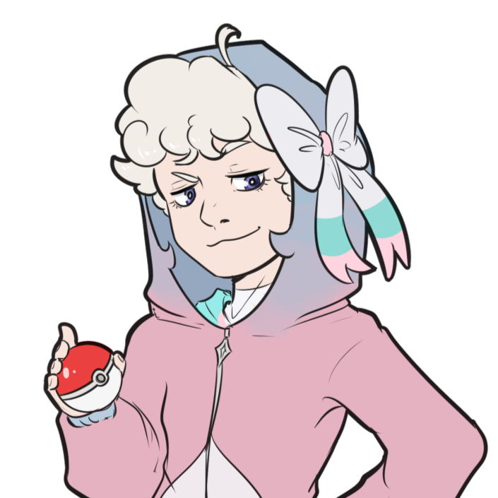 bede, smirking. she is wearing a fairy-type hoodie and holds a pokeball